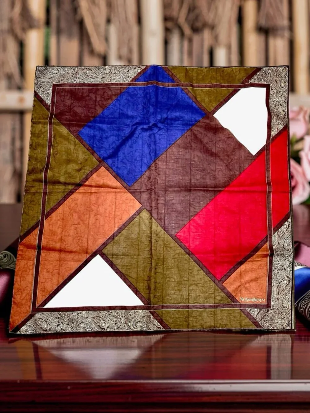 Yves Saint Laurent Silk/Cotton  Mini Scarf Brown Gold Black Blue White (28)